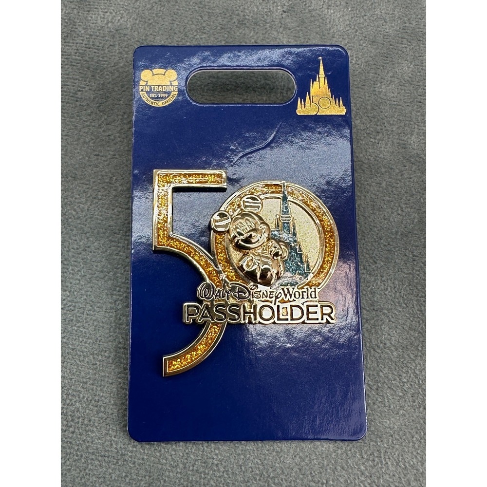 Walt Disney World 50th Anniversary Passholder Mickey Mouse Golden Glitter Pin
